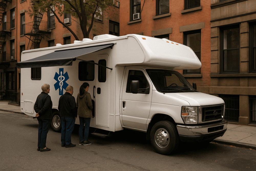 People in line for a medical checkup outside a mobile medical RV in New York.