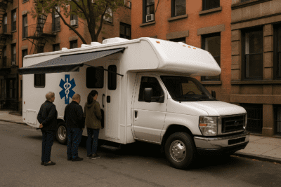 People in line for a medical checkup outside a mobile medical RV in New York.