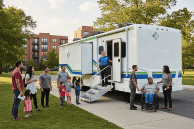 Mobile medical trailer in a community
